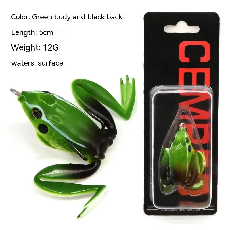 Bionic thunder frog snake head fishing bait with double hooks in grass green and black yellow dots colour