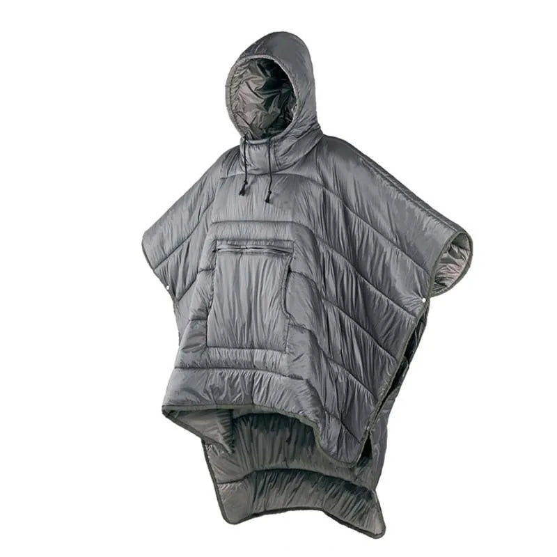 Army Green wearable cloak sleeping bag for adults laid flat, showing 200x140cm size and cape design.