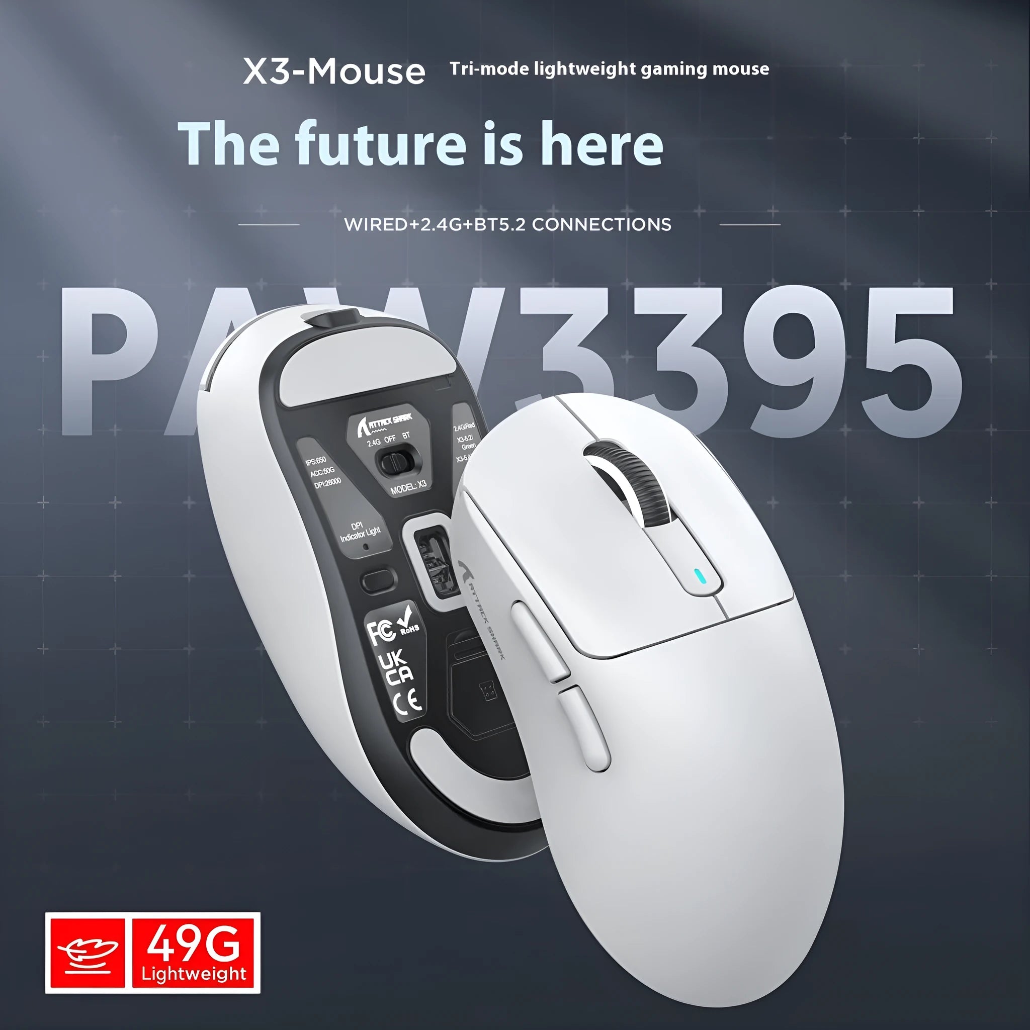 Black rechargeable Bluetooth mouse with three connectivity modes shown with USB receiver and parachute cable
