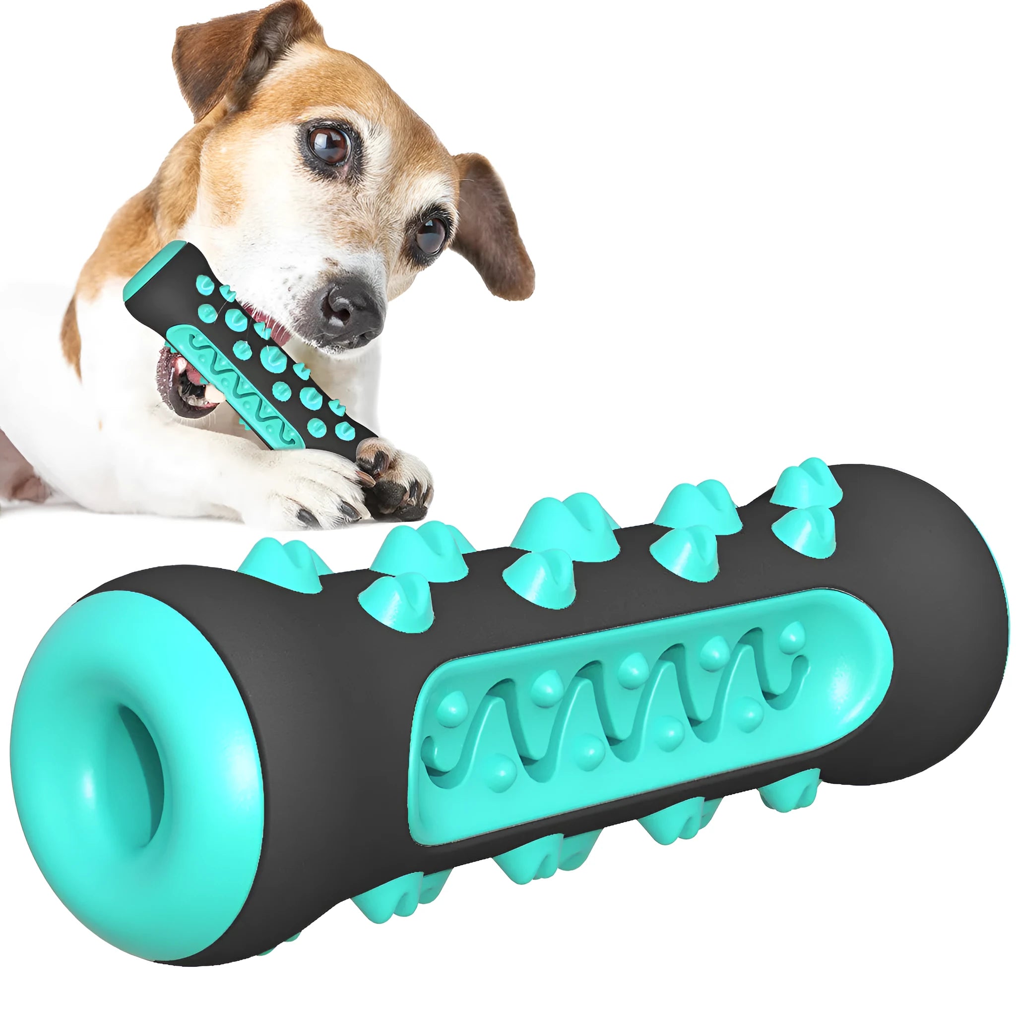 Natural rubber dog toothbrush chew toy in blue, green, yellow or black-blue for dental cleaning