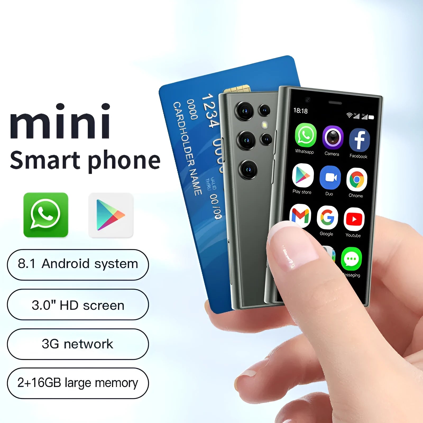 Black, green, and pink purple coloured mini Android smartphone with straight plate design on a white background.
