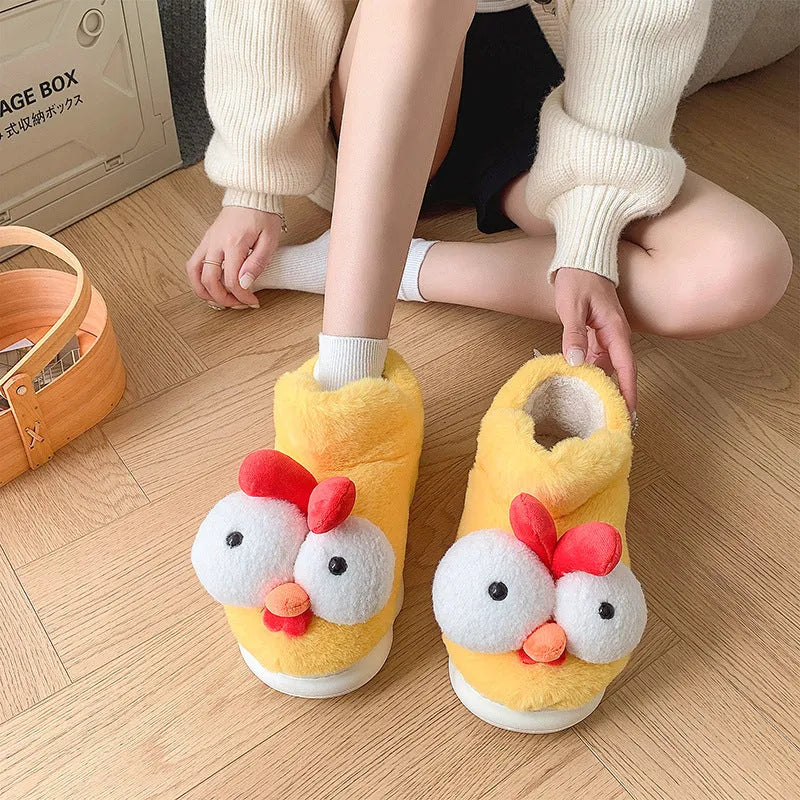 Unisex cute chick cotton slippers in yellow with artificial plush upper, indoor winter wear