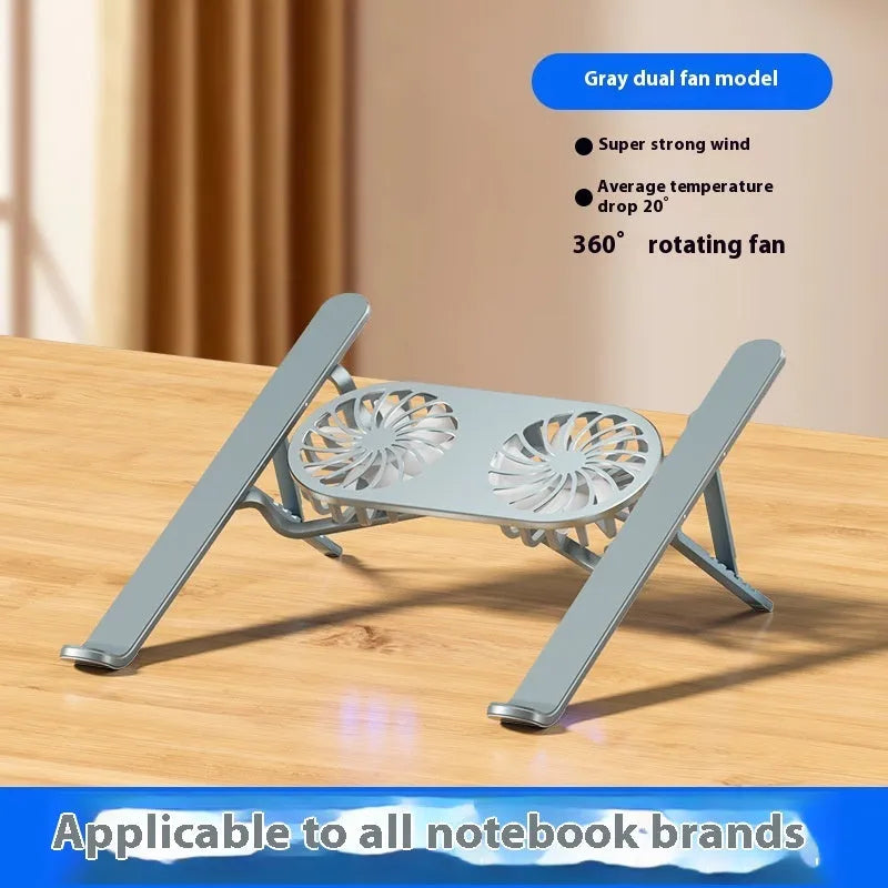 Silver aluminium laptop stand with twin cooling fans in folded position next to cloth storage bag