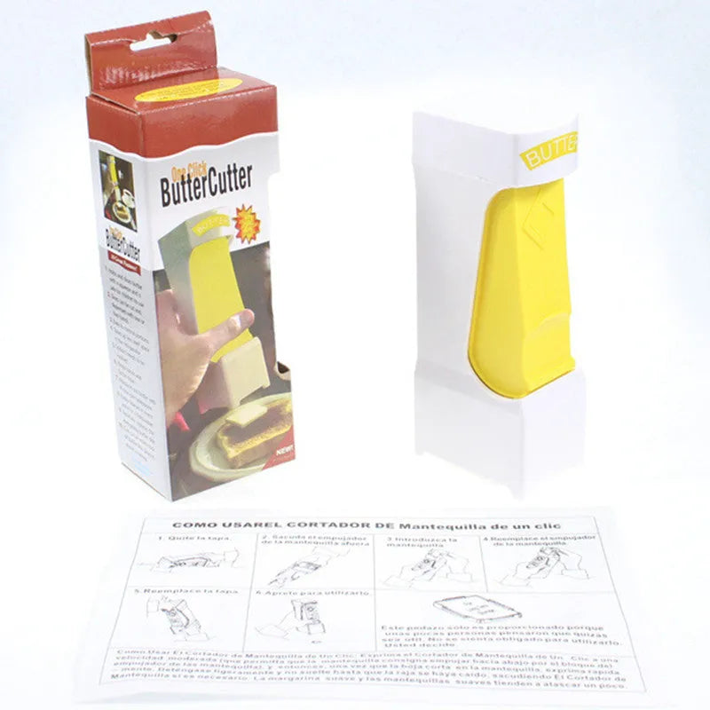 Yellow plastic butter cutter with stainless steel blade for quarter-pound butter bars