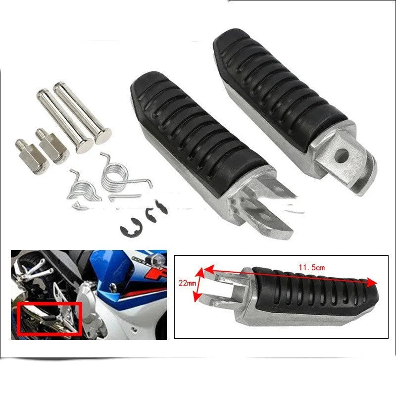 Black aluminium alloy motorcycle footpegs set for Suzuki Hayabusa and V-Strom models.