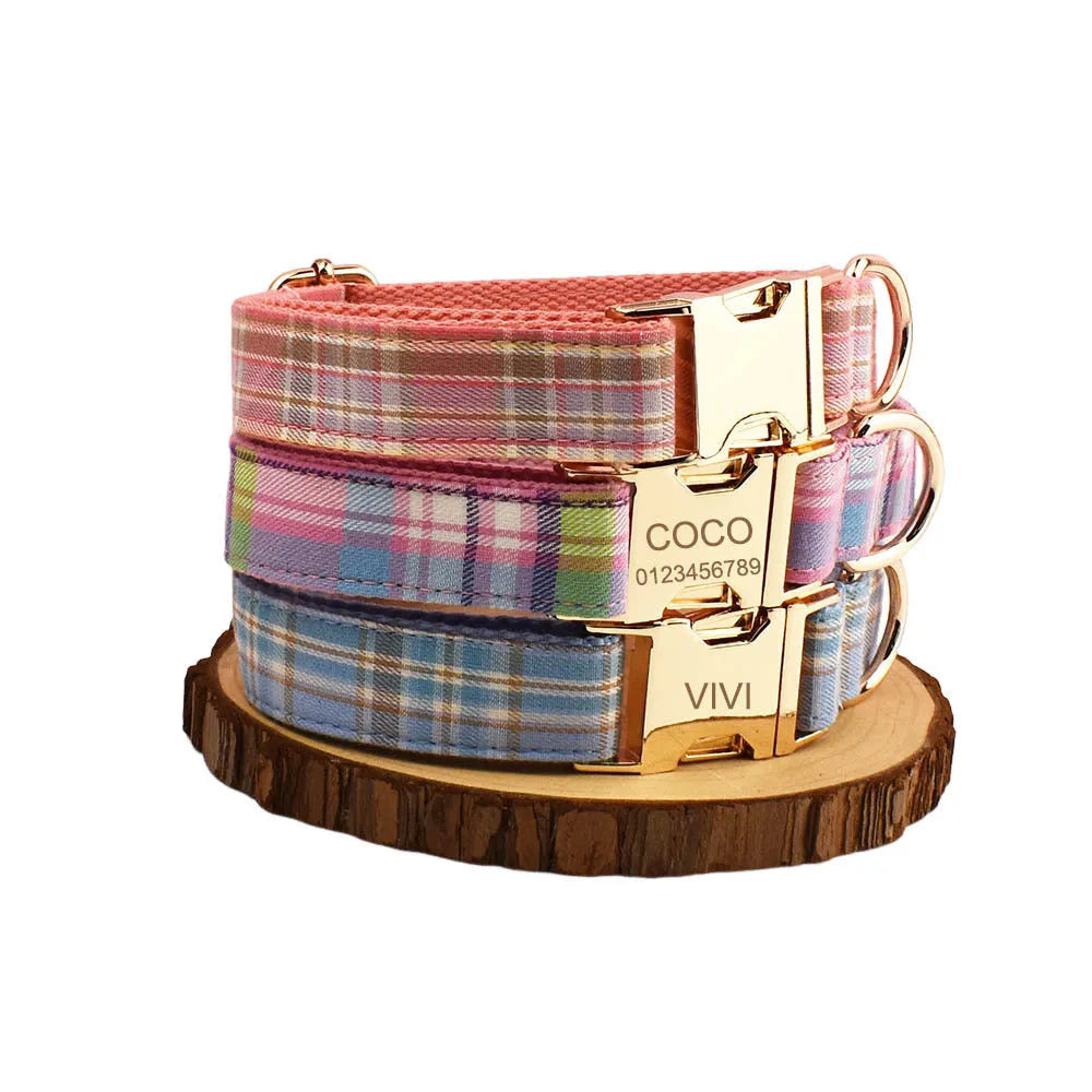 Qicaigei four-piece cloth dog collar, leash, vest, and bow set laid flat, showing assorted colour options.