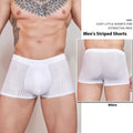 Men's thin striped nylon underwear in black, white, and dark grey colours.