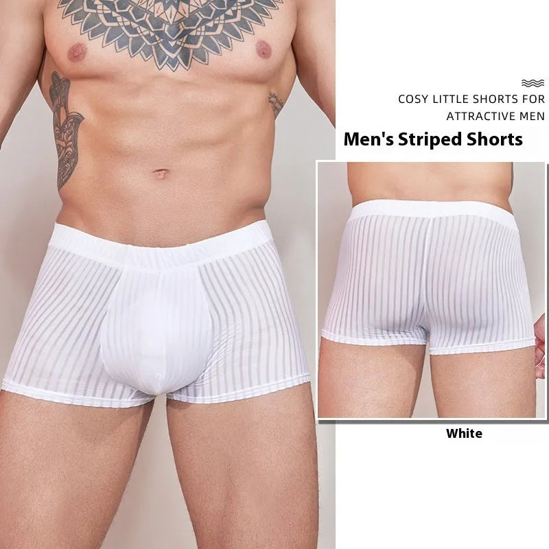 Men's thin striped nylon underwear in black, white, and dark grey colours.