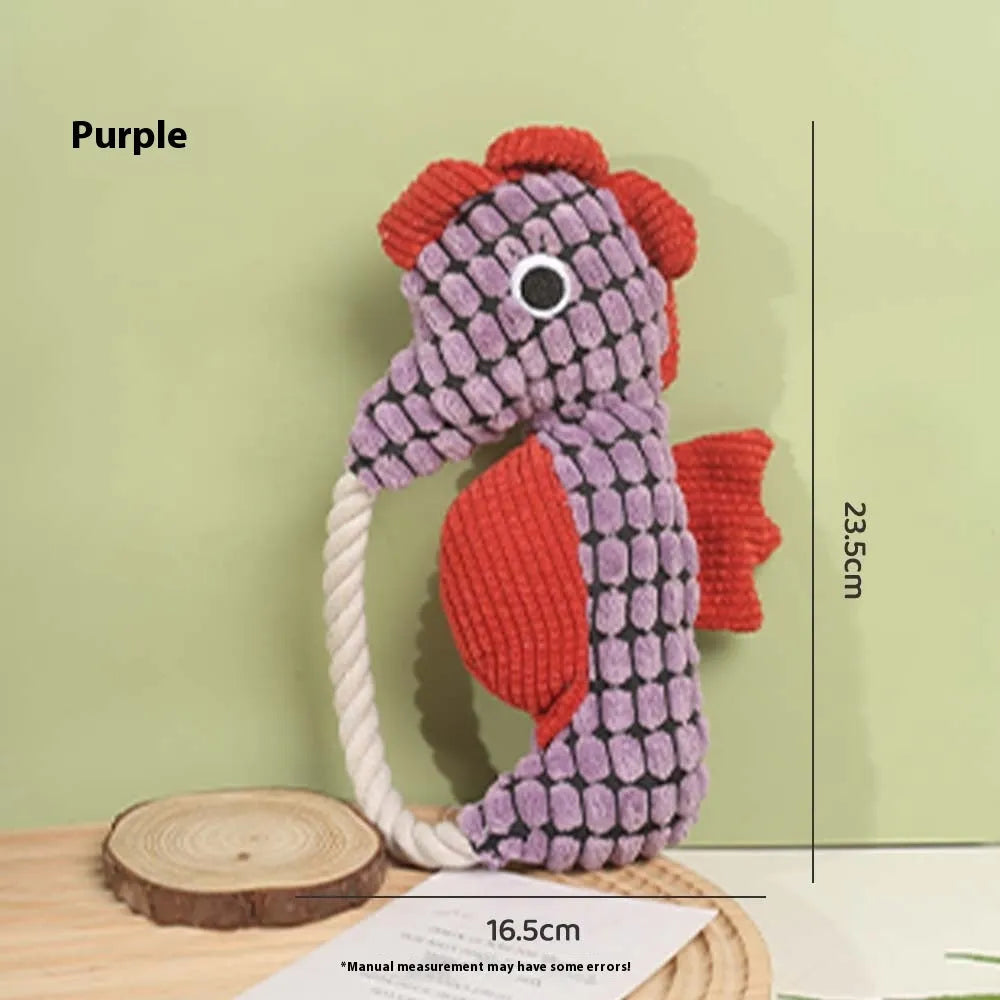Pineapple velvet molar pet toy in green seahorse design with plush texture and squeaker, 16.5x23.5cm