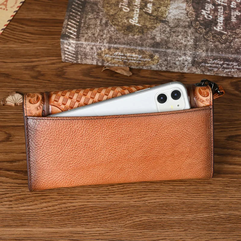 Chinese style embossed tri-fold leather wallet in retro brown colour showing floral pattern