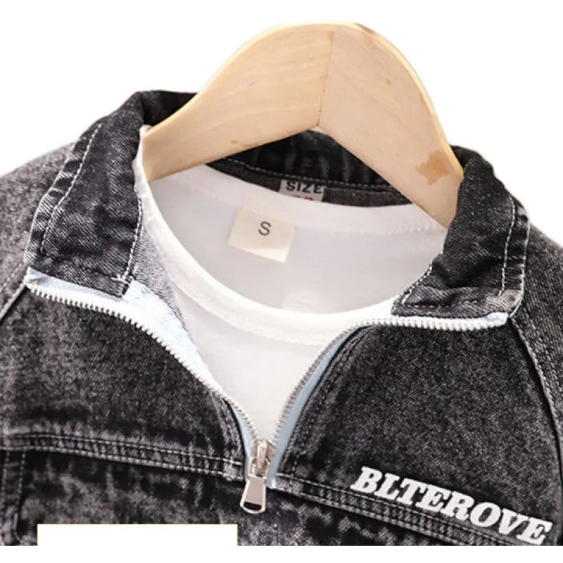 Boys black and blue denim two-piece suit set with long sleeves in Korean style children's clothing