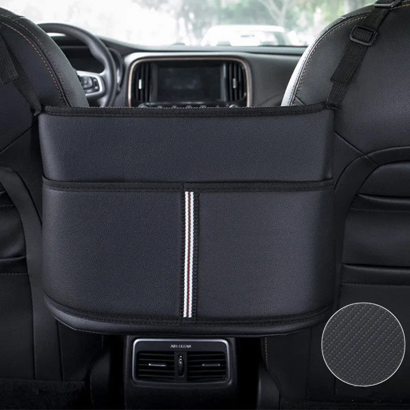Black leather car seat storage bag with sports carbon fibre pattern, dimensions 38cm by 24cm by 15cm