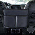 Black leather car seat storage bag with sports carbon fibre pattern, dimensions 38cm by 24cm by 15cm