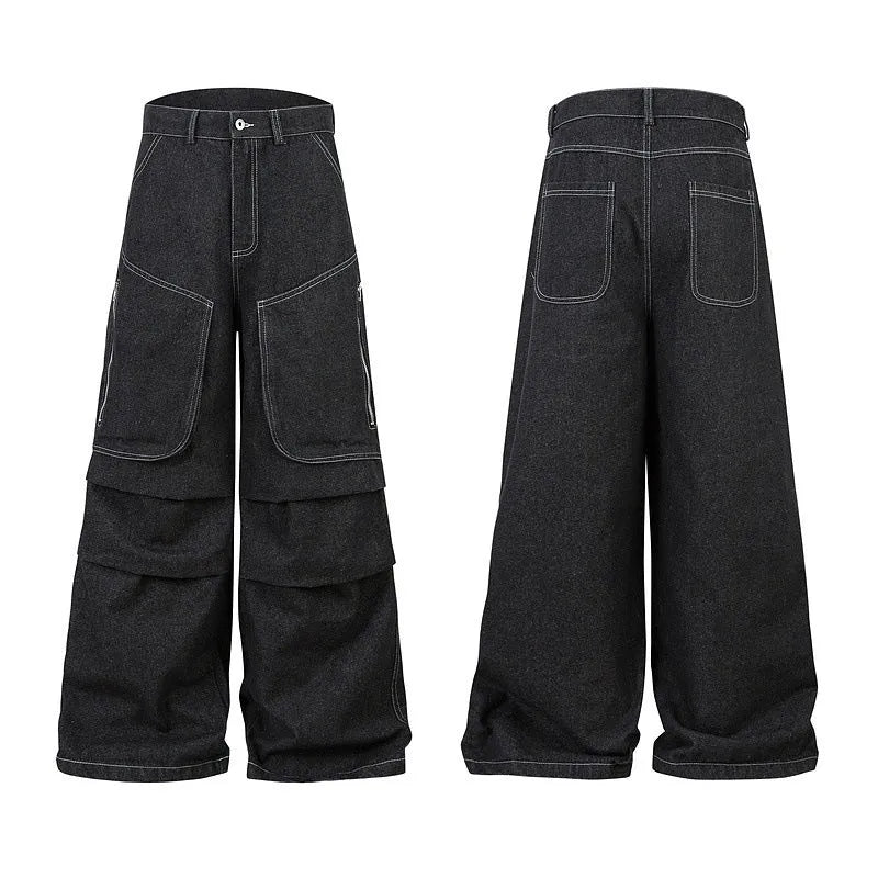 Black pleated work trousers with multiple pockets, mid waist cut, and zip fly in cotton denim fabric