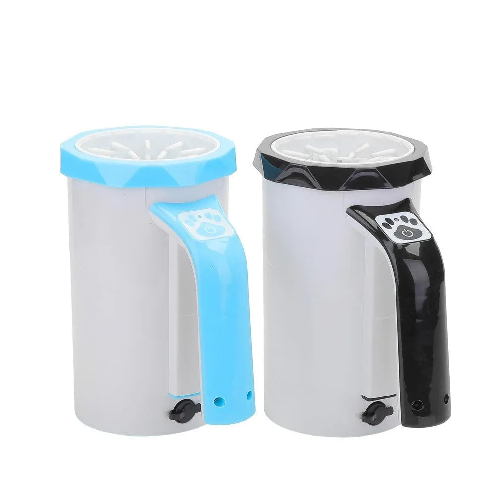 Automatic USB rechargeable dog foot washing cup with silicone scrubbers in white and blue colour.