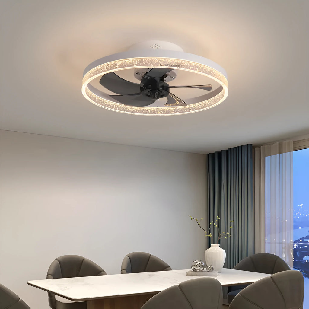 Nordic style ceiling fan light with wooden blades and a white lamp housing, showing remote control.