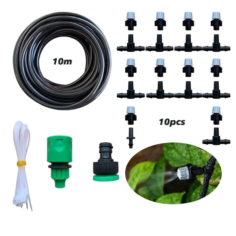 10 metre garden irrigation hose system with water mist and 10 spray heads for plant watering