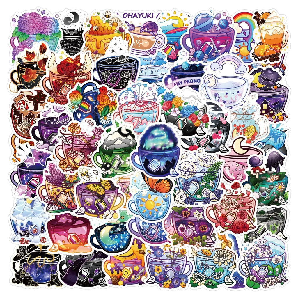 Pack of 50 colourful tea cup graffiti waterproof stickers in Nordic style for luggage and scooter DIY