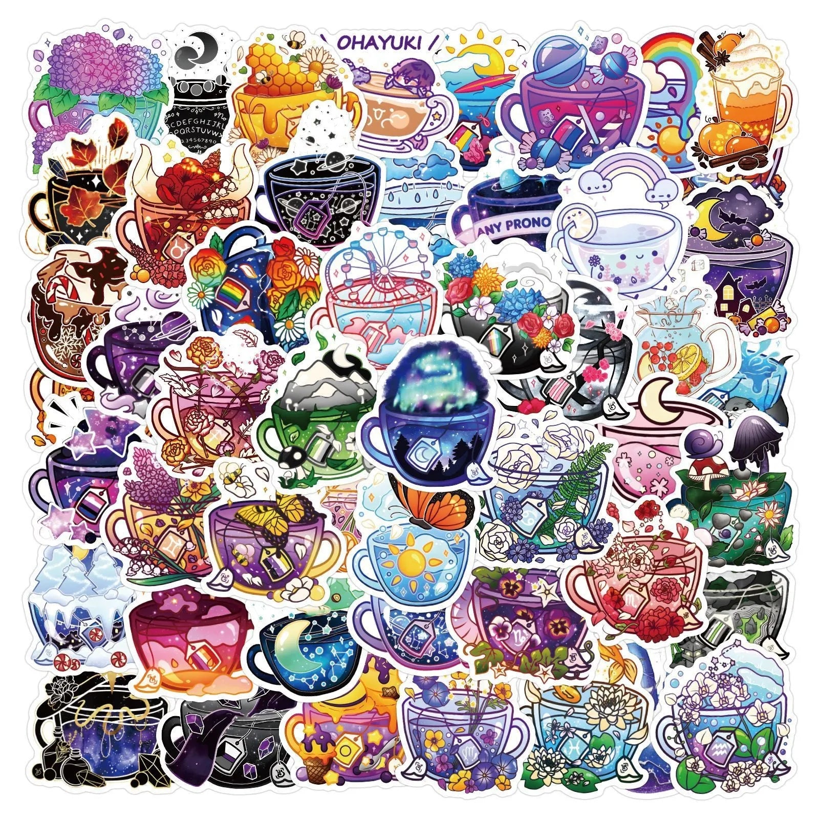 Pack of 50 colourful tea cup graffiti waterproof stickers in Nordic style for luggage and scooter DIY