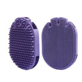 Purple dual-sided pet shampoo brush with soft TPR bristles for dog and cat bathing
