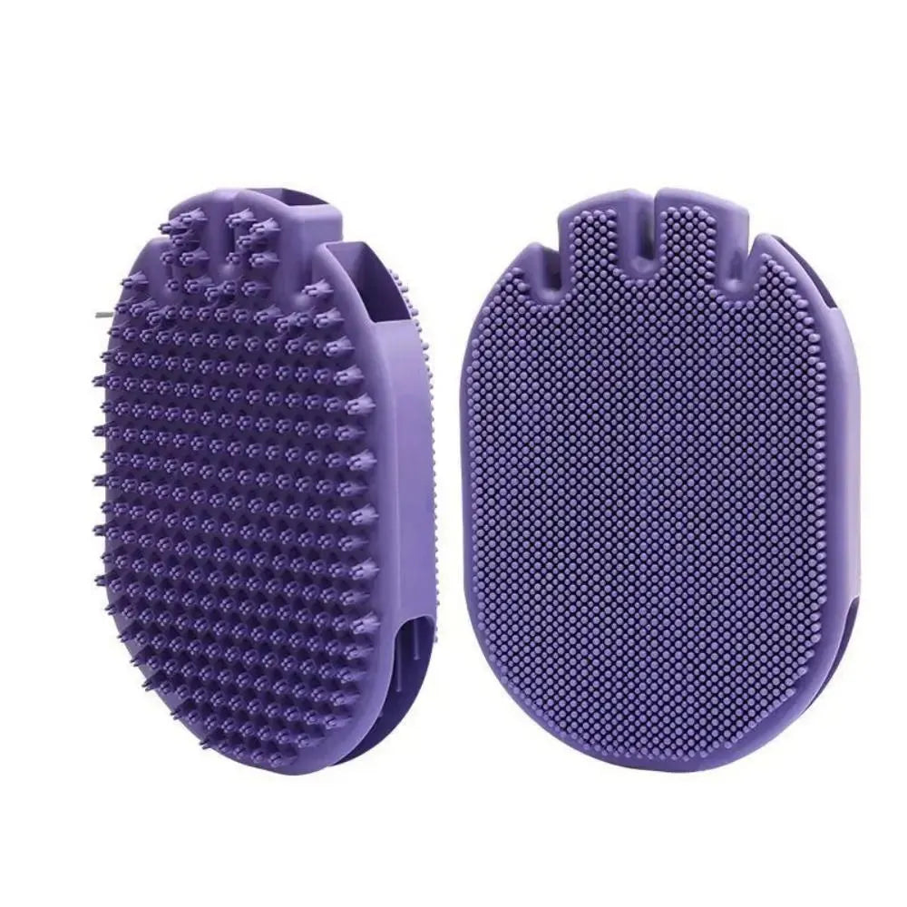 Purple dual-sided pet shampoo brush with soft TPR bristles for dog and cat bathing