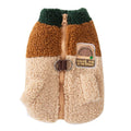 Colour-block pet fleece jacket with squirrel patch, leash ring, and pockets in green, brown, and beige on a small dog.