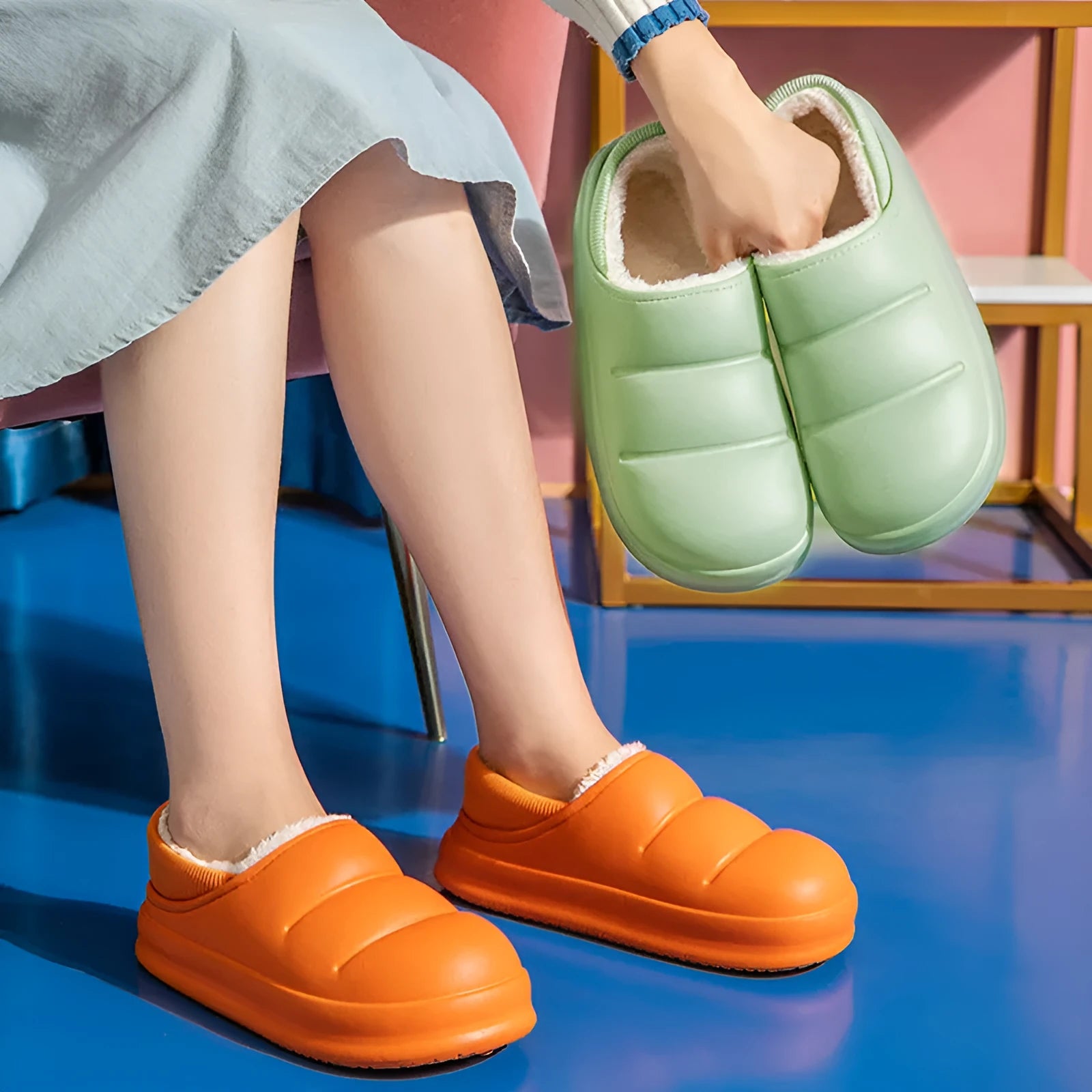 Women's waterproof EVA slippers in various colours with plush lining and a non-slip flat sole.