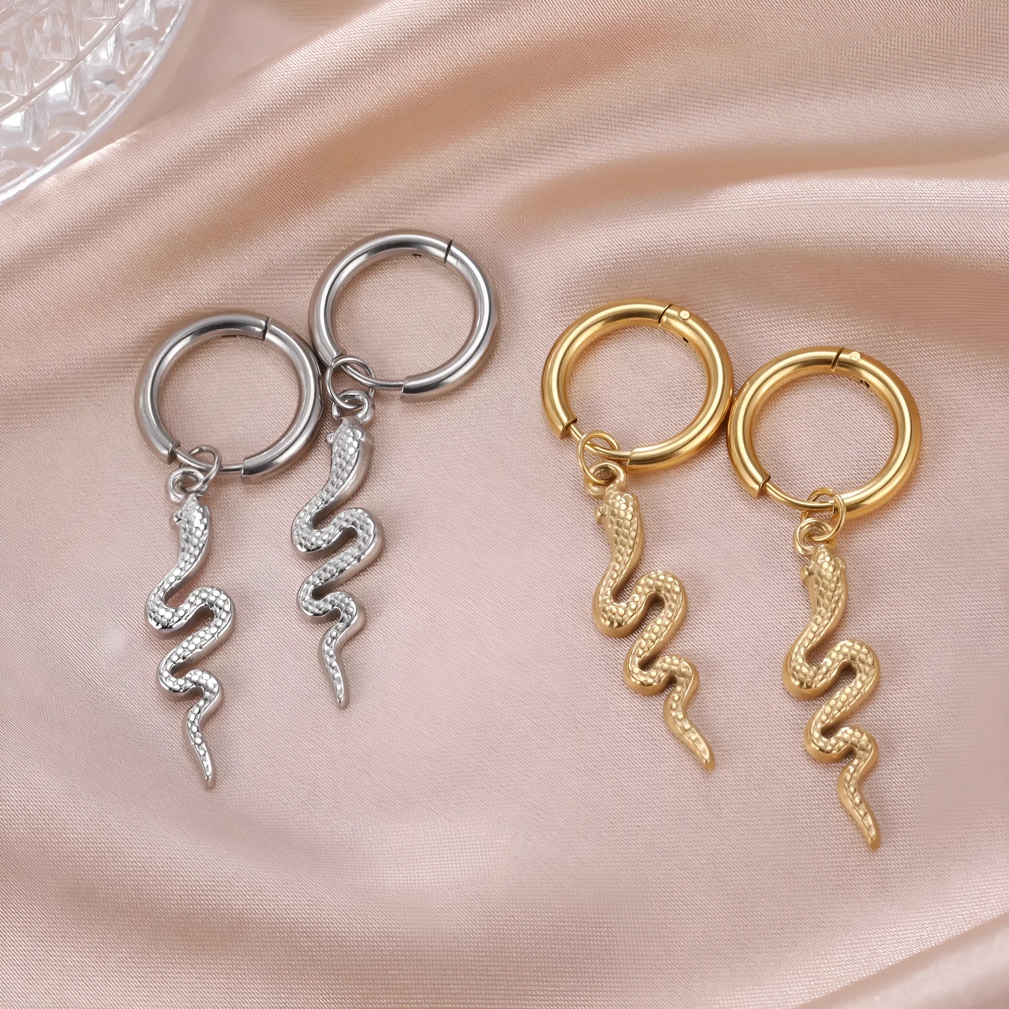 Stainless steel snake vintage clip earrings in gold or steel colour