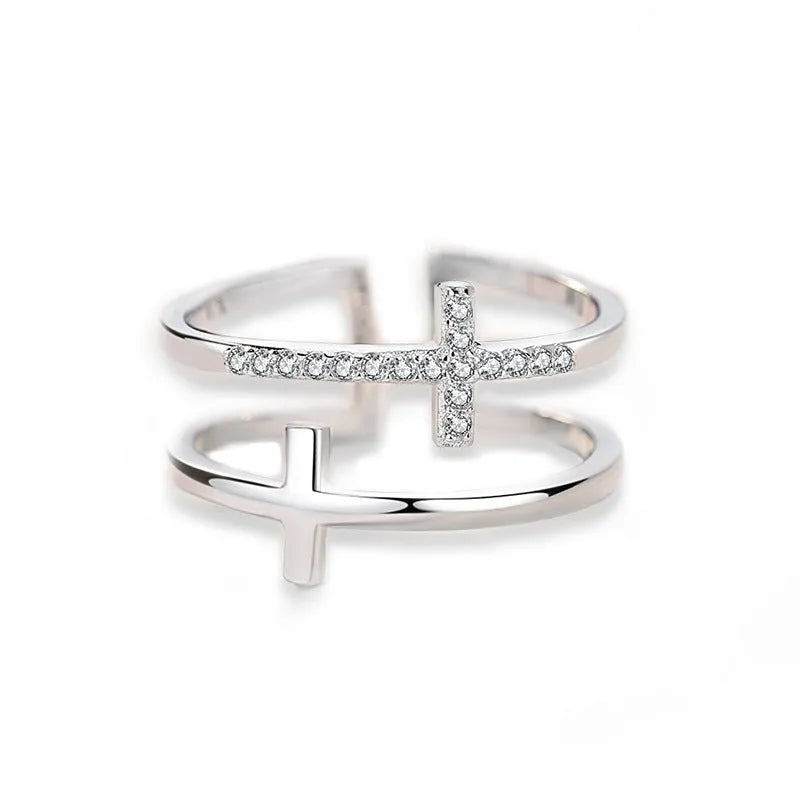 Geometric women's adjustable copper ring with zircon stone and sterling silver inlay.