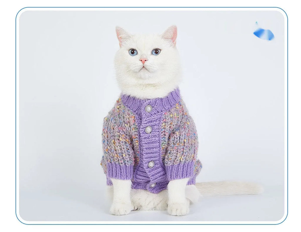 Purple dog sweater cardigan on small dog showing soft polyester fabric and front closure
