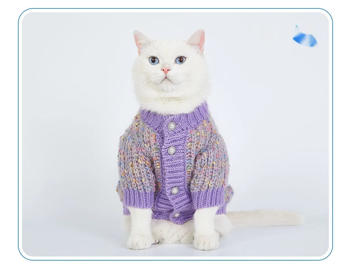 Purple dog sweater cardigan on small dog showing soft polyester fabric and front closure