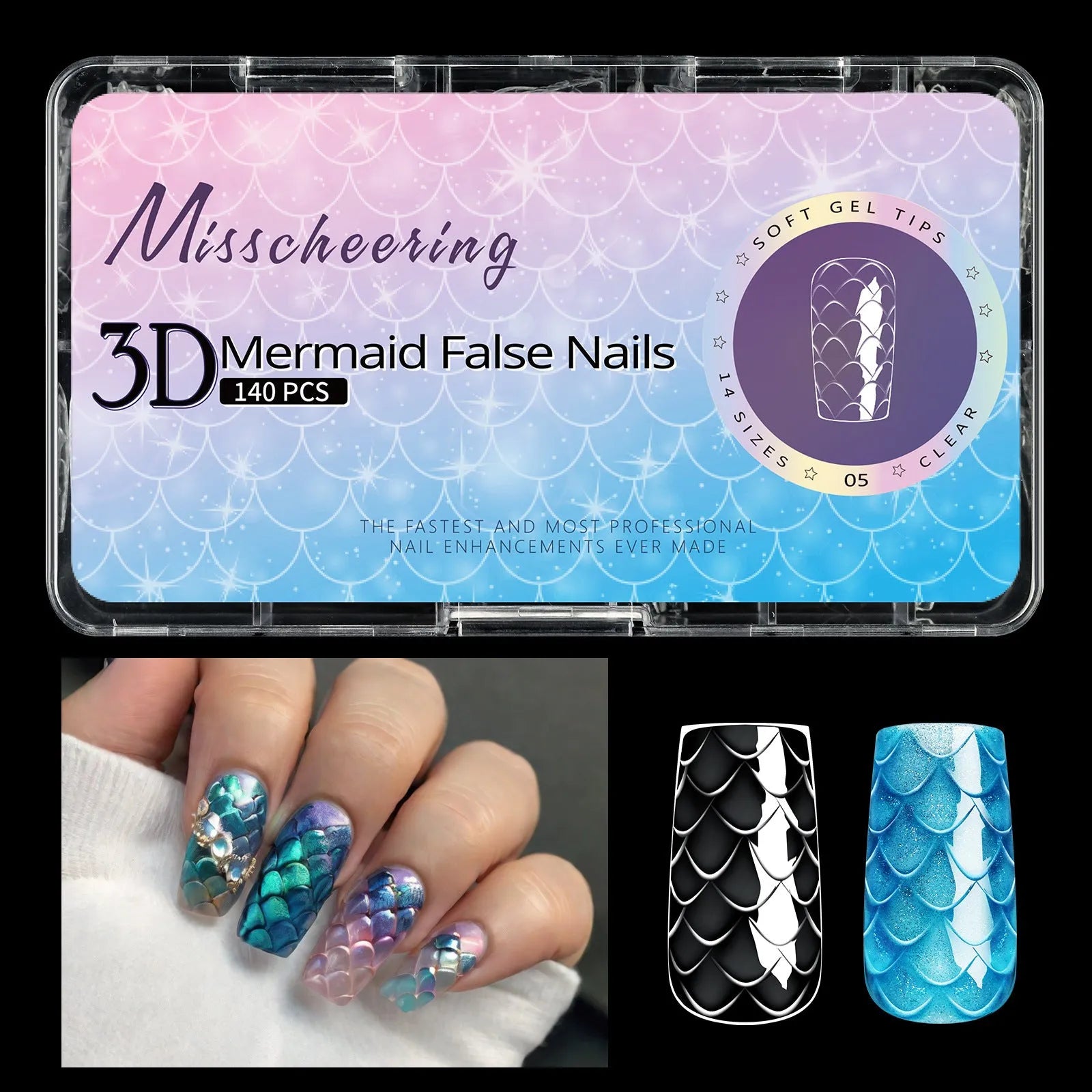 3D scale textured long shaping artificial nail tips in a Frigate box, showing colour mix options 01 to 07.
