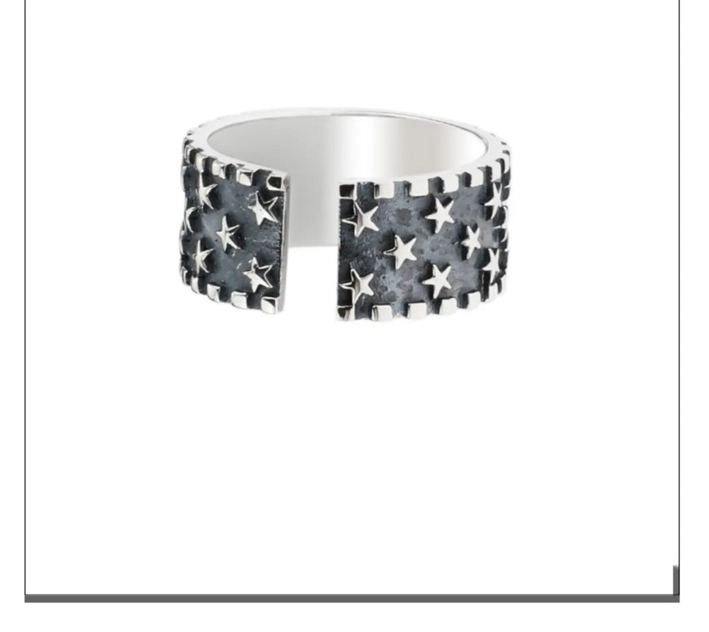 925 silver adjustable ring with geometric five-pointed star pattern.
