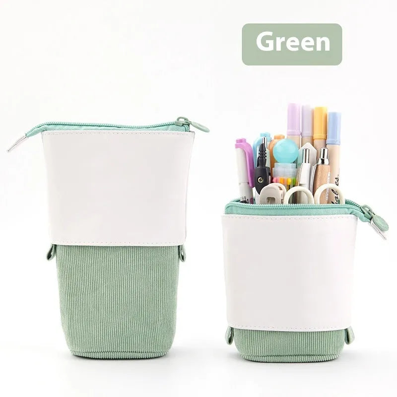 Soft PU corduroy telescopic pencil case in purple colour with drop-down open design.