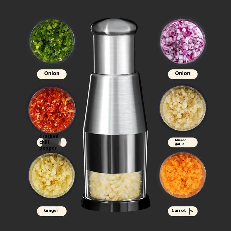 Manual garlic crusher and onion chopper kitchen gadget with stainless steel blades