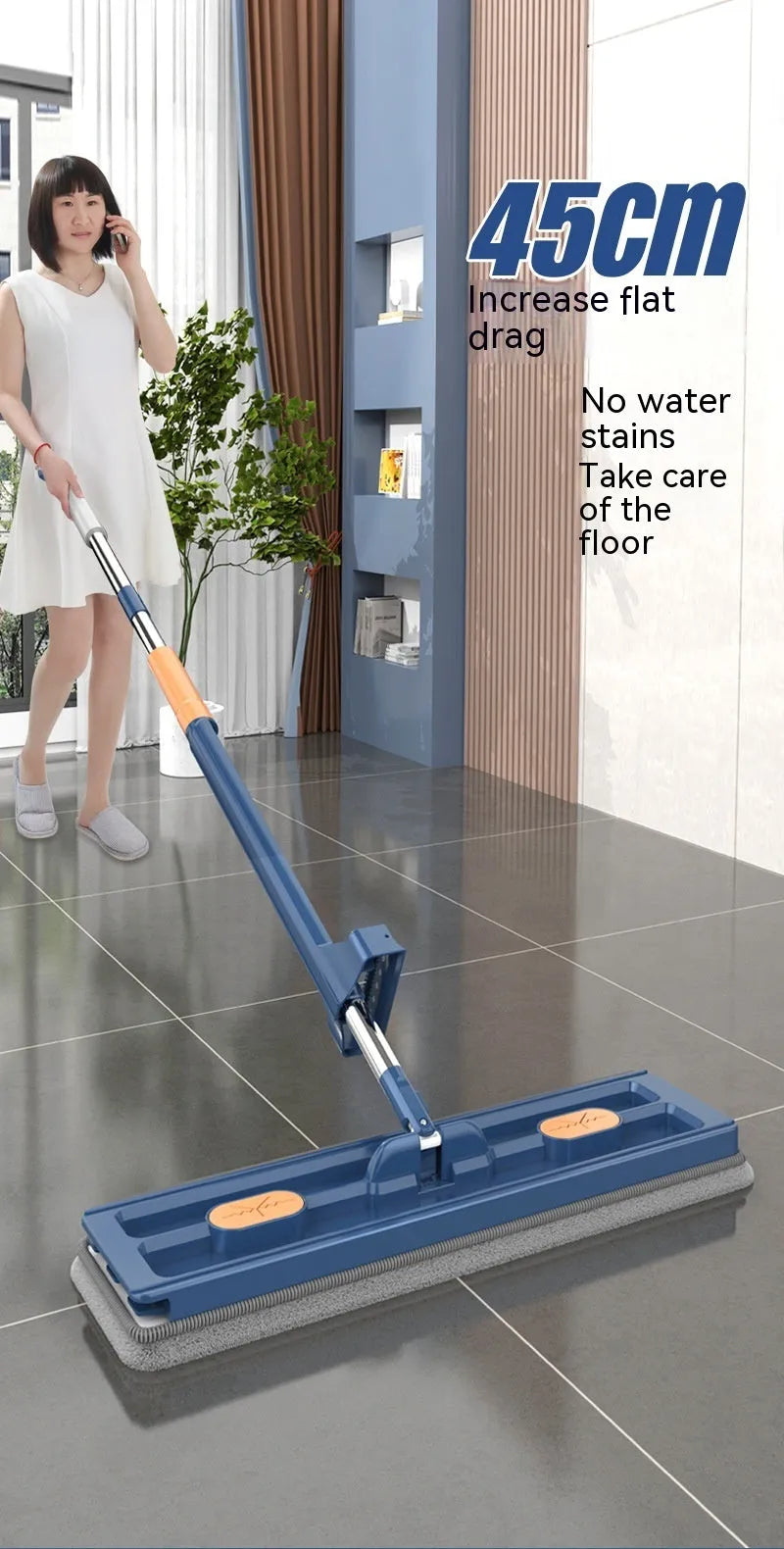 Large flat mop with rotating head and long stainless steel handle for floor cleaning