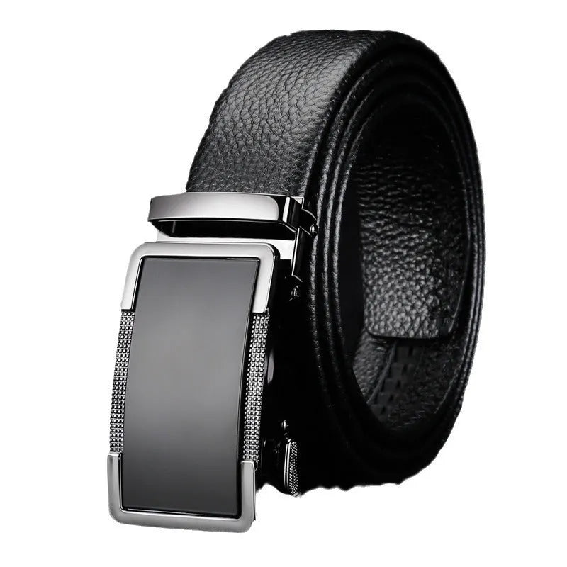 Men's leather belt with automatic alloy buckle in gun black colour showing standard 2-4cm width