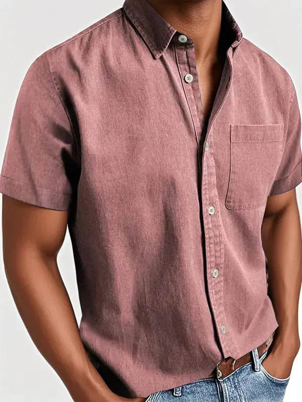 Men's solid colour short-sleeved shirt with a polo collar and a chest pocket.