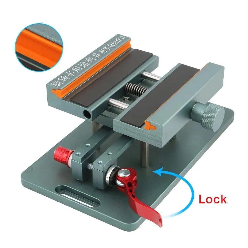 Mobile phone repair fixture with adjustable sides, silicone grips, and a included demolition crowbar tool on a workbench.