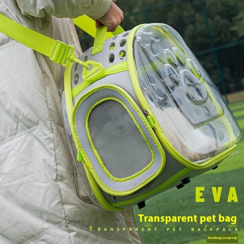 Transparent hard-shell space capsule backpack for a cat, shown in a choice of colours.
