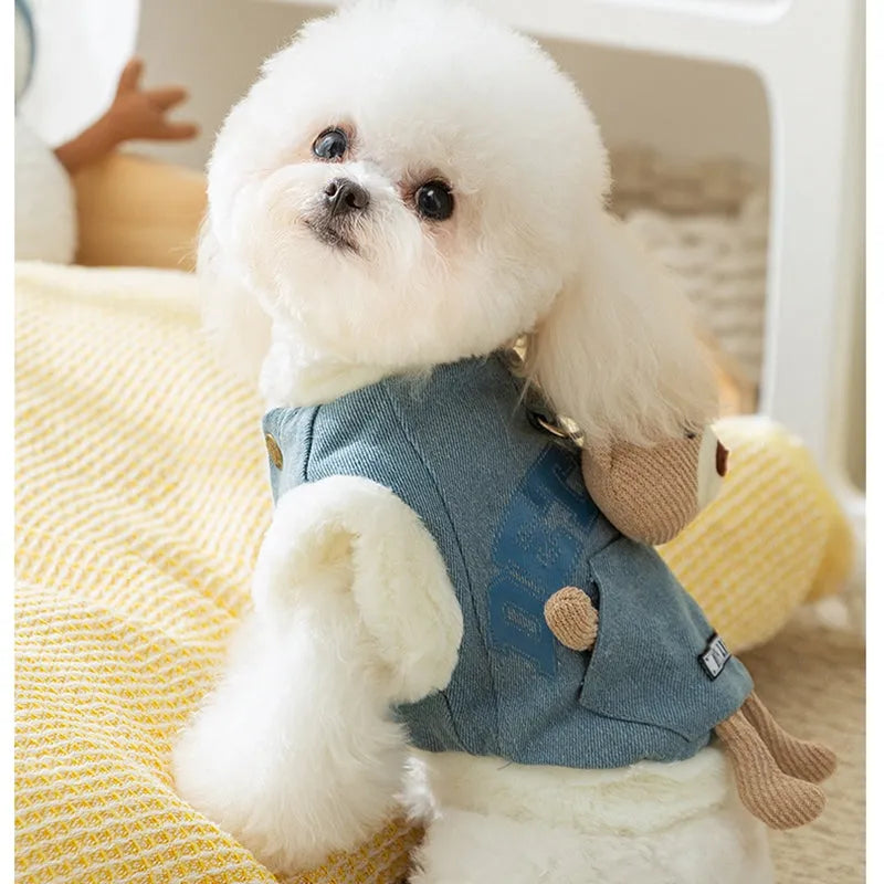 Blue denim pet coat with 3D bear pocket and wool lining for warm winter walks