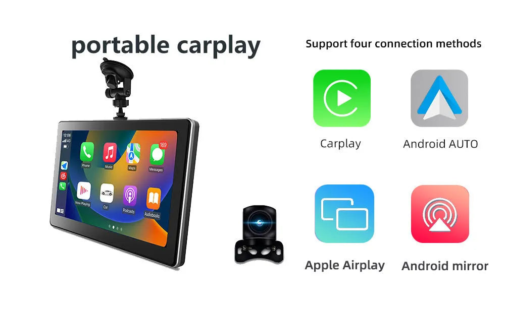 7-inch black wireless CarPlay dash camera with touch screen and wide-angle lens