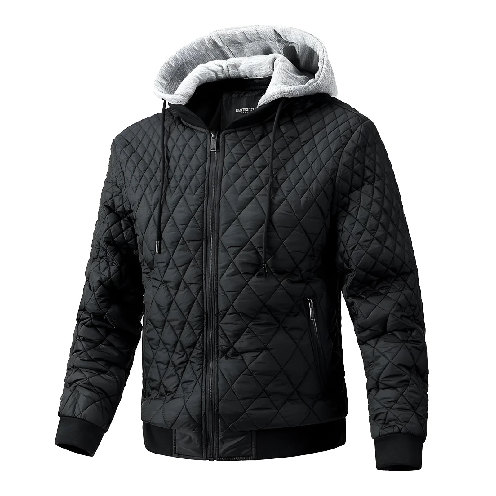 Men's casual quilted jacket with removable hood, long sleeves, straight hem, regular length, in army green colour