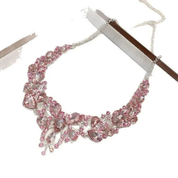 Light luxury alloy flower drop pendant necklace with pink rhinestone centre on ball bead chain, women's jewellery