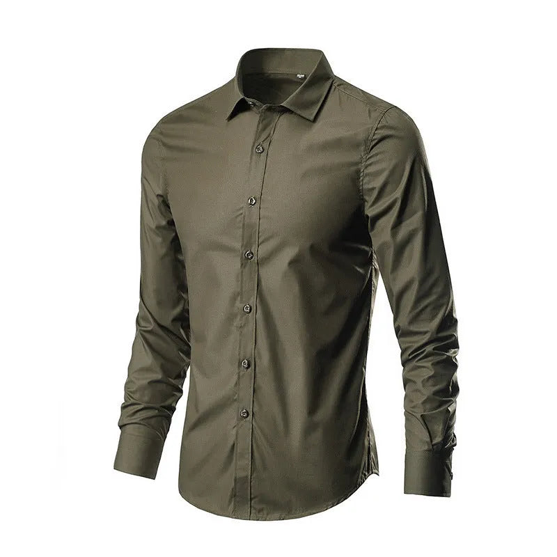 Man's long-sleeve loose-fit linen shirt in a light colour, showing the button front and relaxed silhouette.