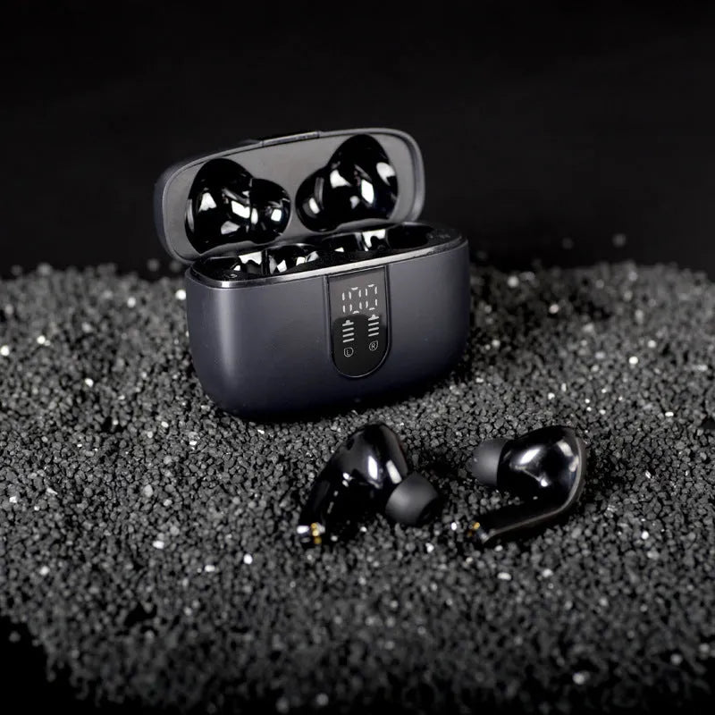 Jerry X08 wireless Bluetooth headset with digital display charging case in black, grey, or white colour