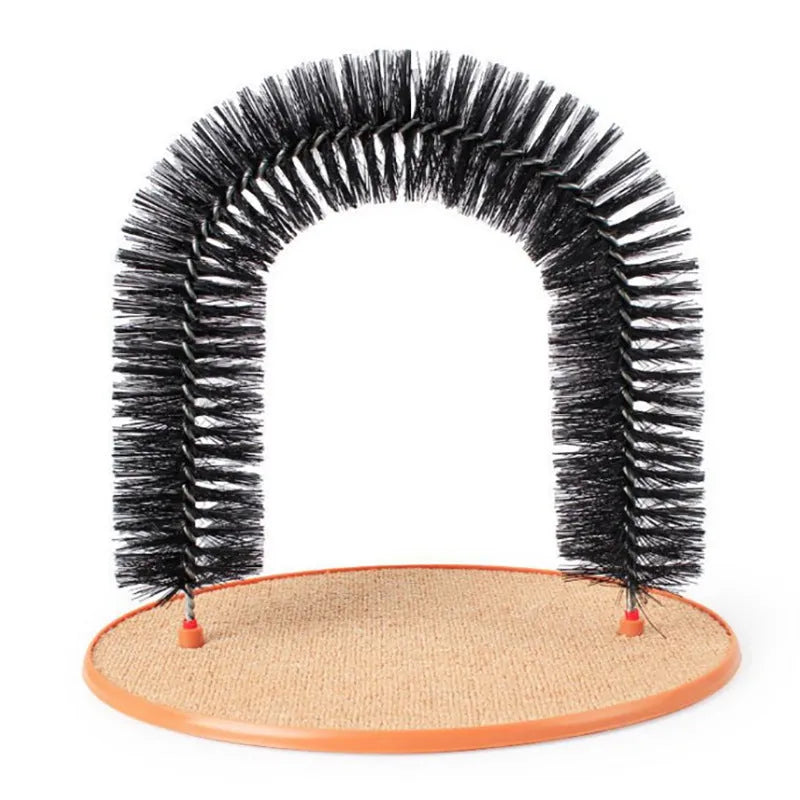 White plastic cat grooming arch with integrated brush bristles, serving as a scratcher and self-grooming toy.