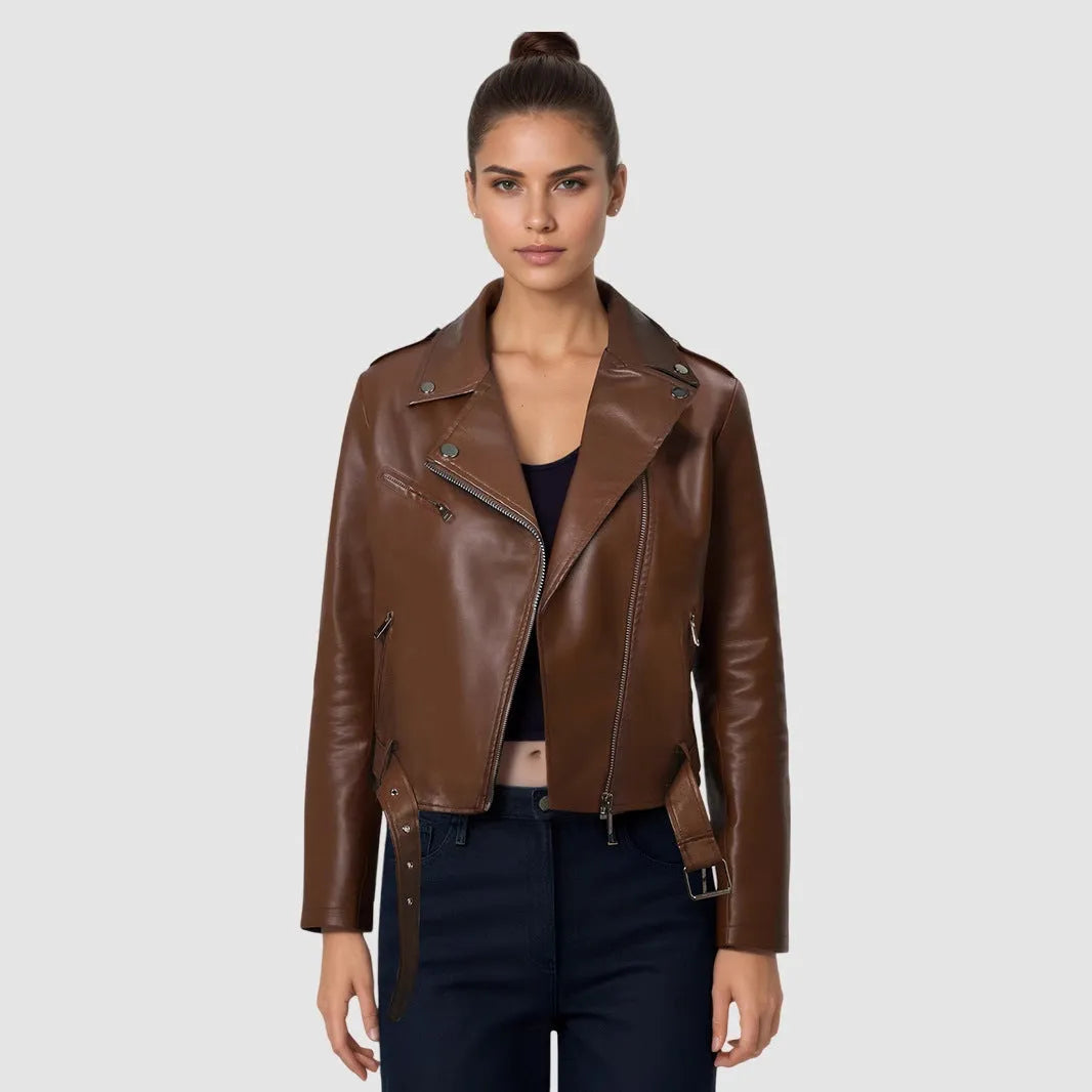 Women's short black PU leather jacket with waist belt on hanger