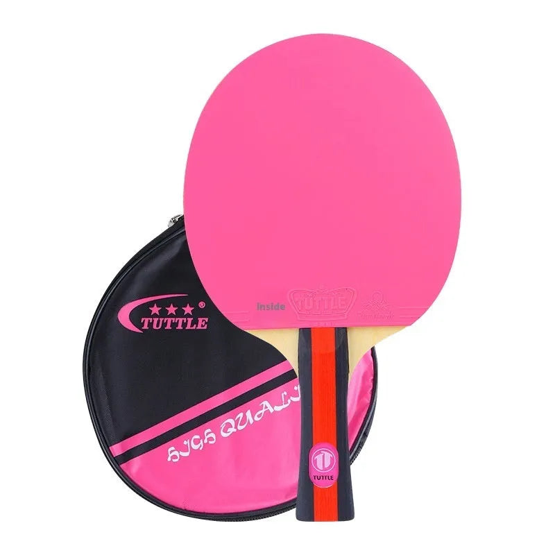 Colourful pure wood table tennis racket with a long handle for shakehand grip, shown with its matching protective cover bag.