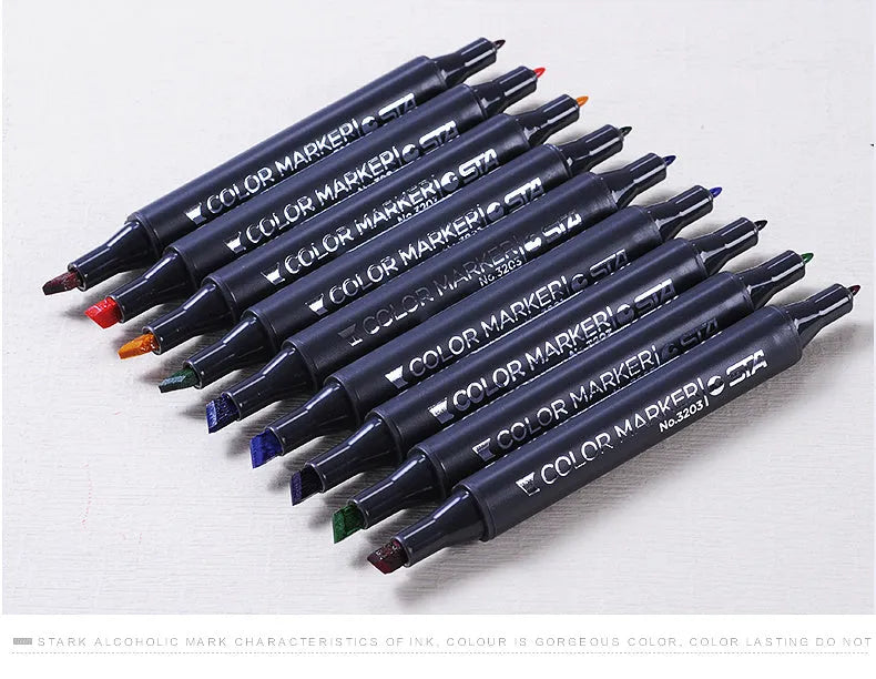Double-headed alcohol oily colour animation paint pens with round and inclined nibs in multiple colour set options
